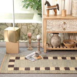Handwoven Jute Runner Rug – Sage Green & Black Checkered Border Flatweave Hallway Rug