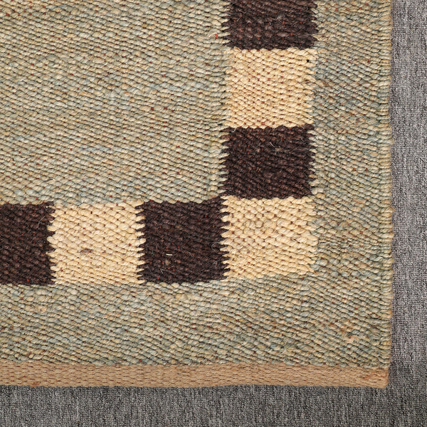 Handwoven Jute Runner Rug – Sage Green & Black Checkered Border Flatweave Hallway Rug