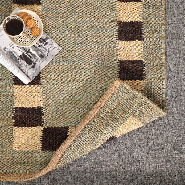 Handwoven Jute Runner Rug – Sage Green & Black Checkered Border Flatweave Hallway Rug