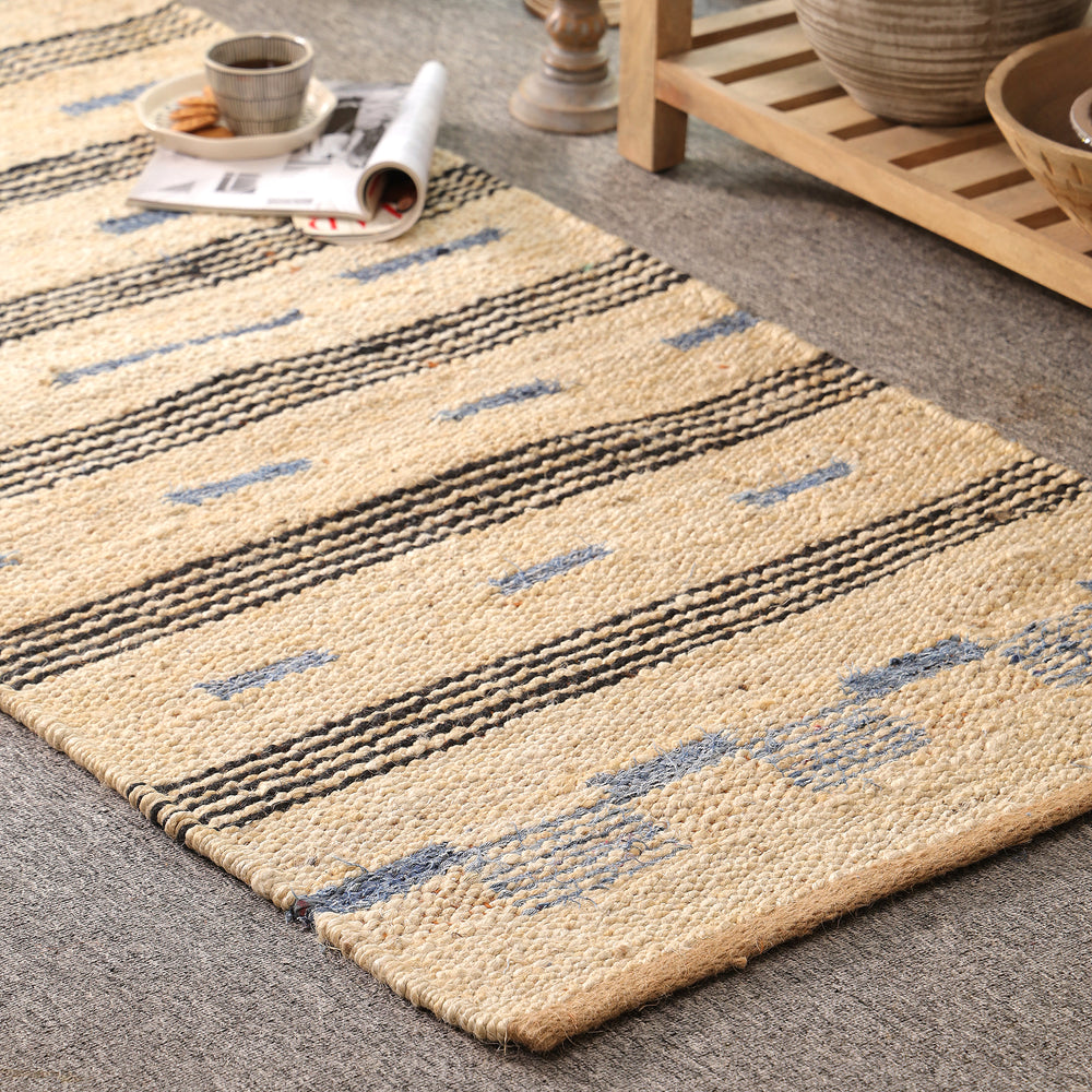 Handwoven Jute Cotton Runner Rug – Natural Beige Striped Flatweave Boho Hallway Rug