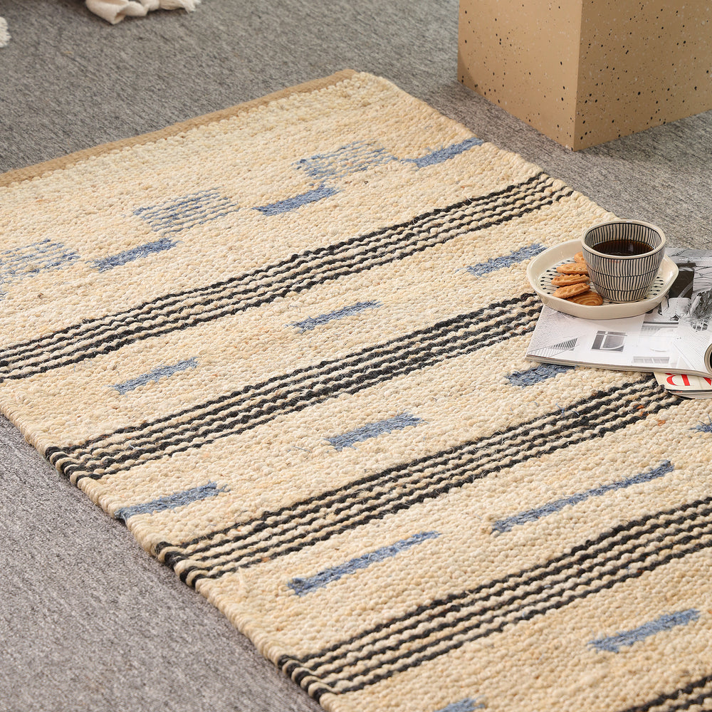 Handwoven Jute Cotton Runner Rug – Natural Beige Striped Flatweave Boho Hallway Rug