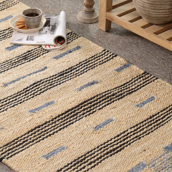 Handwoven Jute Cotton Runner Rug – Natural Beige Striped Flatweave Boho Hallway Rug