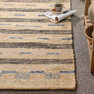 Handwoven Jute Cotton Runner Rug – Natural Beige Striped Flatweave Boho Hallway Rug