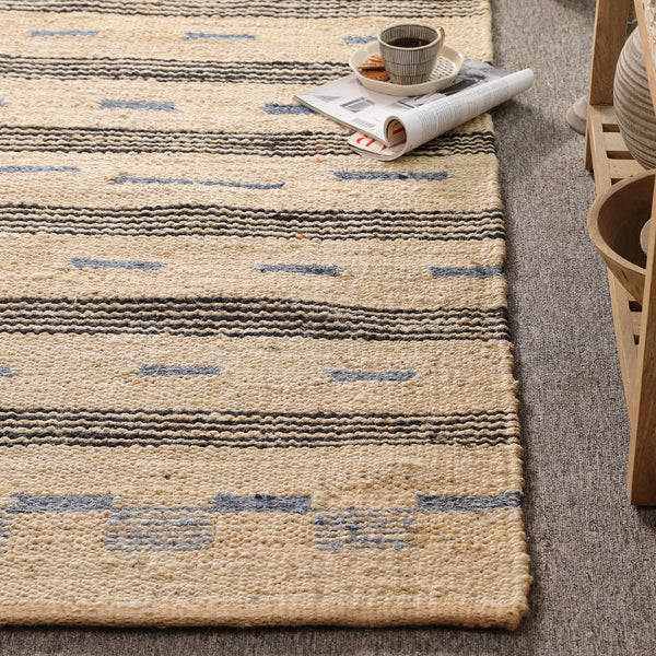 Handwoven Jute Cotton Runner Rug – Natural Beige Striped Flatweave Boho Hallway Rug
