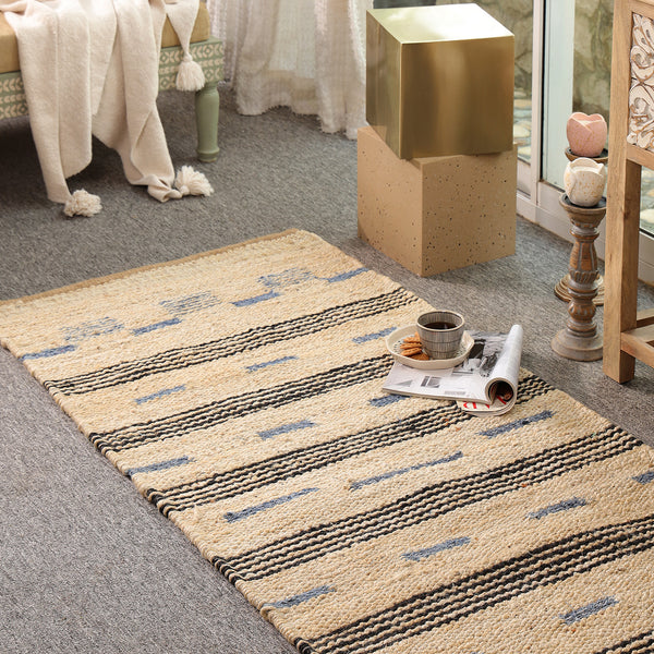 Handwoven Jute Cotton Runner Rug – Natural Beige Striped Flatweave Boho Hallway Rug