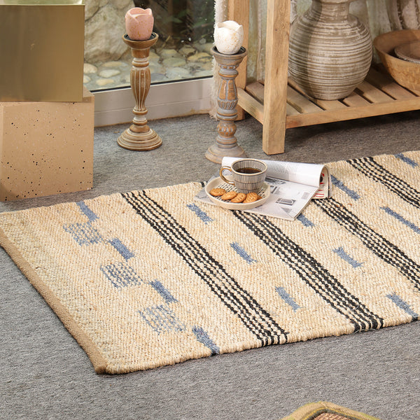 Handwoven Jute Cotton Runner Rug – Natural Beige Striped Flatweave Boho Hallway Rug