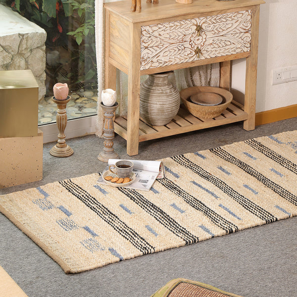 Handwoven Jute Cotton Runner Rug – Natural Beige Striped Flatweave Boho Hallway Rug