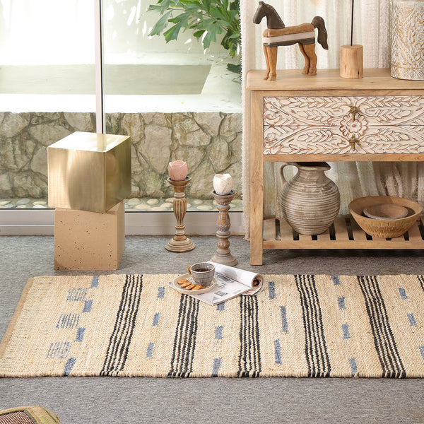 Handwoven Jute Cotton Runner Rug – Natural Beige Striped Flatweave Boho Hallway Rug