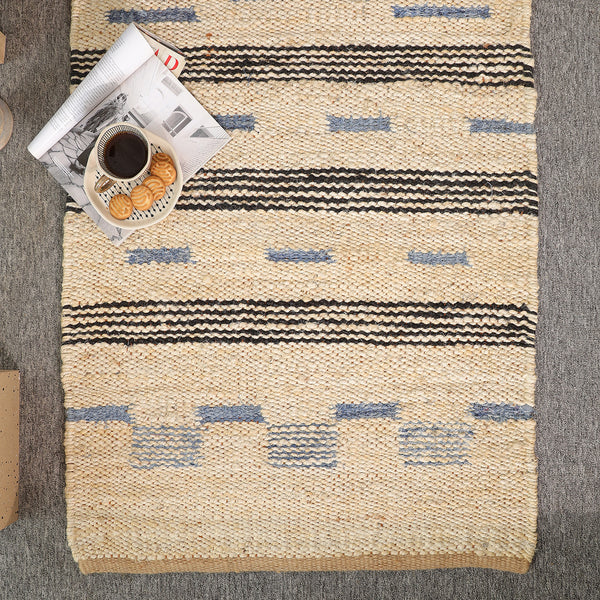 Handwoven Jute Cotton Runner Rug – Natural Beige Striped Flatweave Boho Hallway Rug