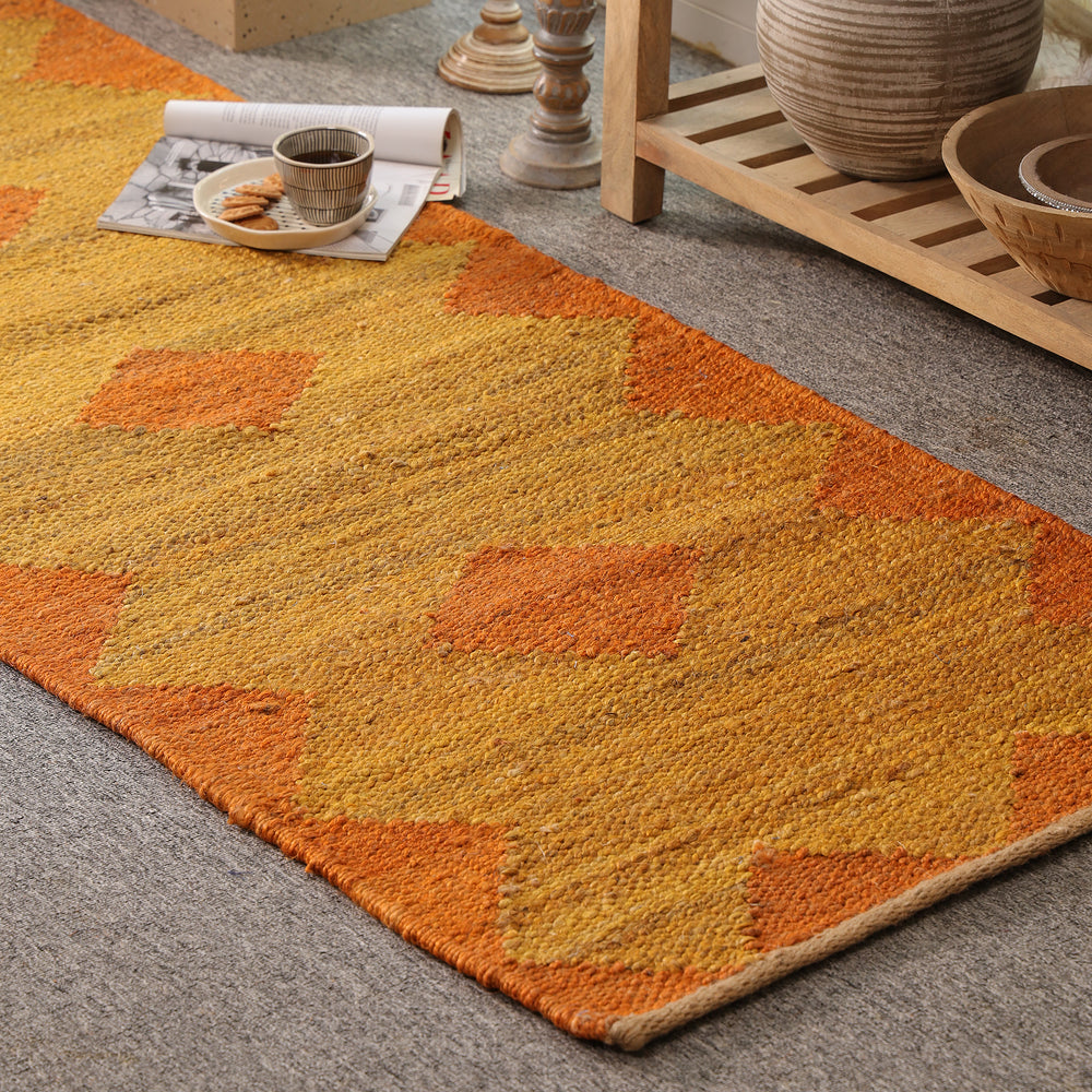 Handwoven Jute Runner Rug – Mustard & Burnt Orange Geometric Flatweave Hallway Rug