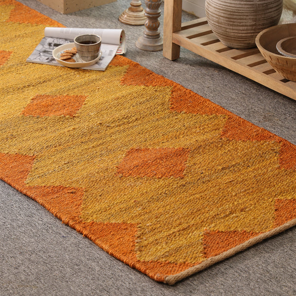 Handwoven Jute Runner Rug – Mustard & Burnt Orange Geometric Flatweave Hallway Rug