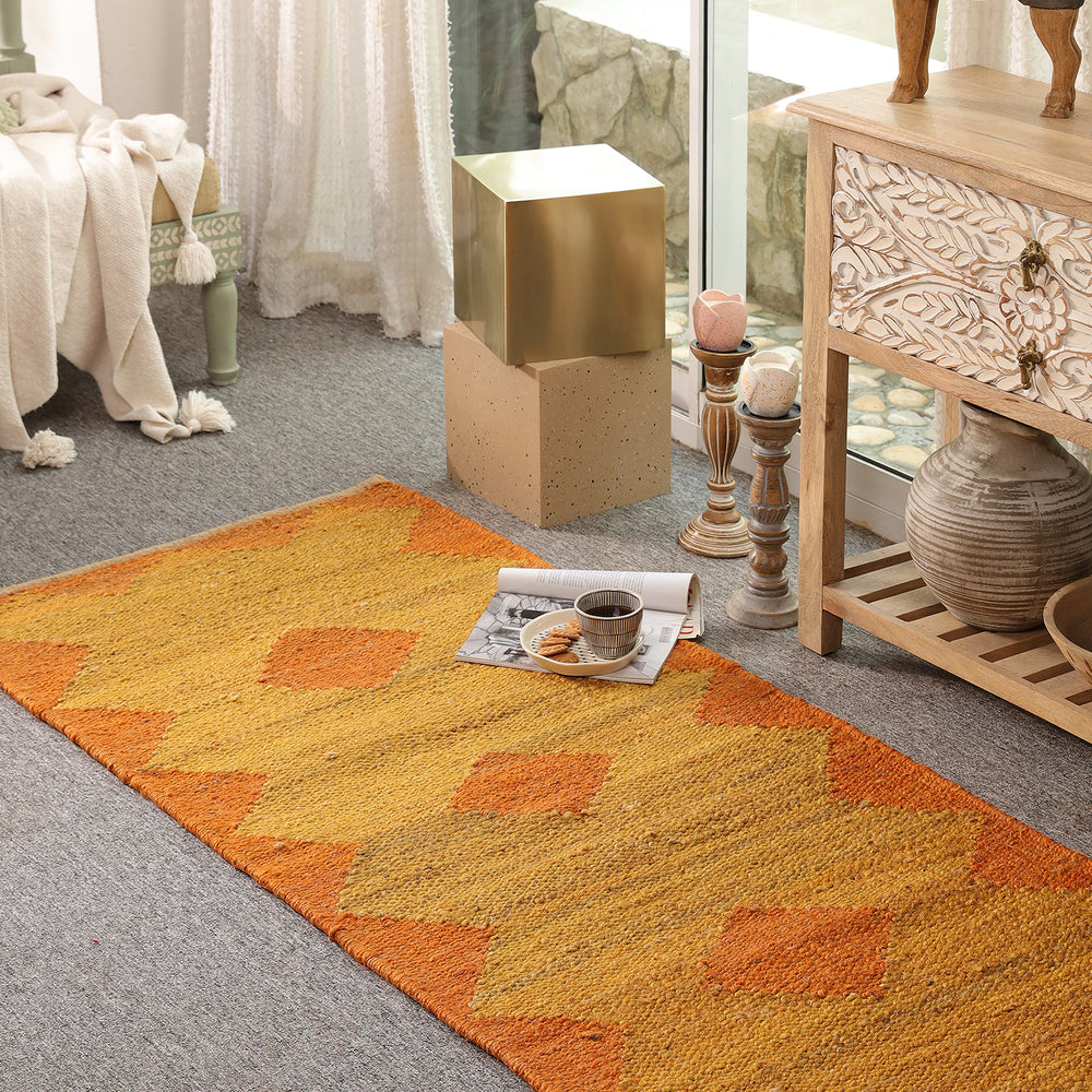 Handwoven Jute Runner Rug – Mustard & Burnt Orange Geometric Flatweave Hallway Rug