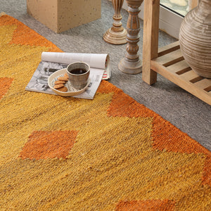 Handwoven Jute Runner Rug – Mustard & Burnt Orange Geometric Flatweave Hallway Rug