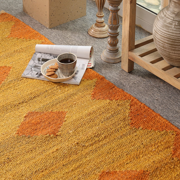 Handwoven Jute Runner Rug – Mustard & Burnt Orange Geometric Flatweave Hallway Rug