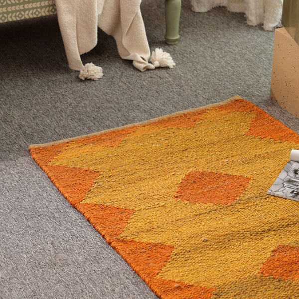Handwoven Jute Runner Rug – Mustard & Burnt Orange Geometric Flatweave Hallway Rug