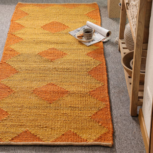 Handwoven Jute Runner Rug – Mustard & Burnt Orange Geometric Flatweave Hallway Rug