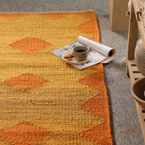 Handwoven Jute Runner Rug – Mustard & Burnt Orange Geometric Flatweave Hallway Rug