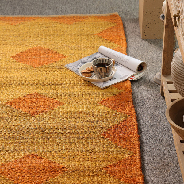 Handwoven Jute Runner Rug – Mustard & Burnt Orange Geometric Flatweave Hallway Rug