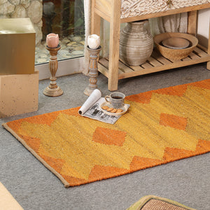 Handwoven Jute Runner Rug – Mustard & Burnt Orange Geometric Flatweave Hallway Rug