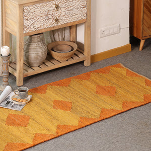 Handwoven Jute Runner Rug – Mustard & Burnt Orange Geometric Flatweave Hallway Rug
