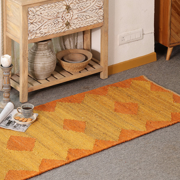 Handwoven Jute Runner Rug – Mustard & Burnt Orange Geometric Flatweave Hallway Rug