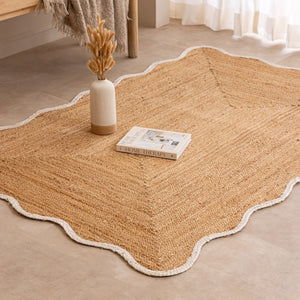 Handmade Natural Jute Rug with Scalloped Border - Boho Area Rug for Living Room & Bedroom