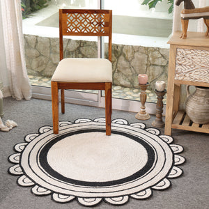 Handwoven Round Jute Rug – Black & White Braided Scalloped Area Rug | Boho Farmhouse Decor