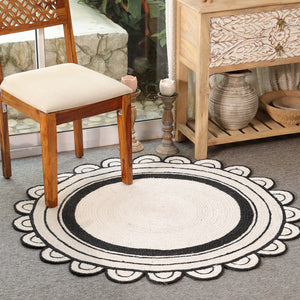 Handwoven Round Jute Rug – Black & White Braided Scalloped Area Rug | Boho Farmhouse Decor