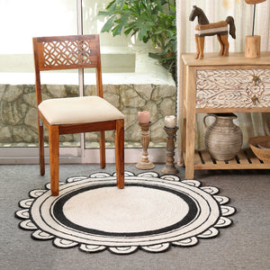 Handwoven Round Jute Rug – Black & White Braided Scalloped Area Rug | Boho Farmhouse Decor