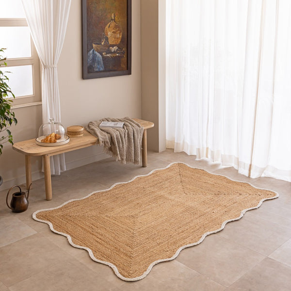 Handmade Natural Jute Rug with Scalloped Border - Boho Area Rug for Living Room & Bedroom