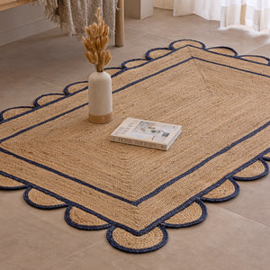 Handmade Jute Rug with Navy Blue Border & Scalloped Edge Natural Braided Area Rug