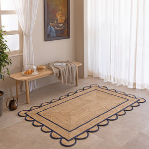 Handmade Jute Rug with Navy Blue Border & Scalloped Edge Natural Braided Area Rug