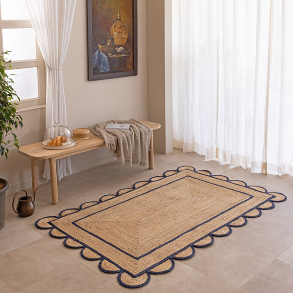 Handmade Jute Rug with Navy Blue Border & Scalloped Edge Natural Braided Area Rug