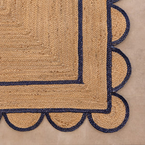Handmade Jute Rug with Navy Blue Border & Scalloped Edge Natural Braided Area Rug