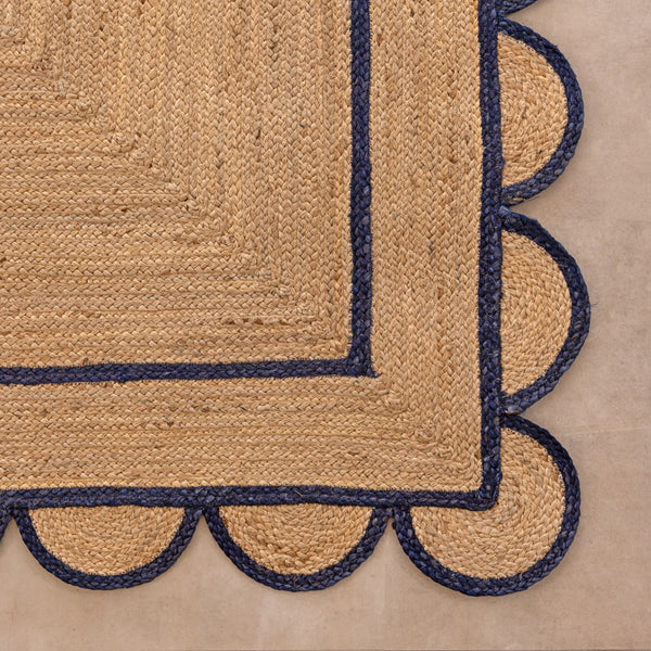 Handmade Jute Rug with Navy Blue Border & Scalloped Edge Natural Braided Area Rug
