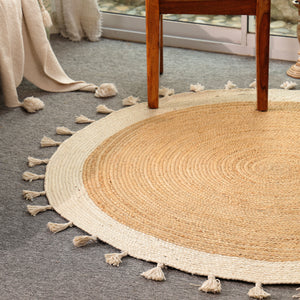 Handwoven Round Jute Rug with Tassels – Natural & Ivory Braided Boho Area Rug for Living Room
