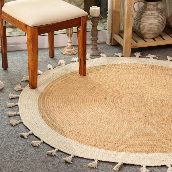 Handwoven Round Jute Rug with Tassels – Natural & Ivory Braided Boho Area Rug for Living Room