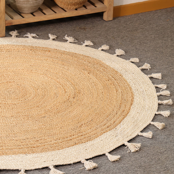 Handwoven Round Jute Rug with Tassels – Natural & Ivory Braided Boho Area Rug for Living Room