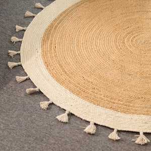 Handwoven Round Jute Rug with Tassels – Natural & Ivory Braided Boho Area Rug for Living Room