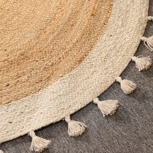 Handwoven Round Jute Rug with Tassels – Natural & Ivory Braided Boho Area Rug for Living Room