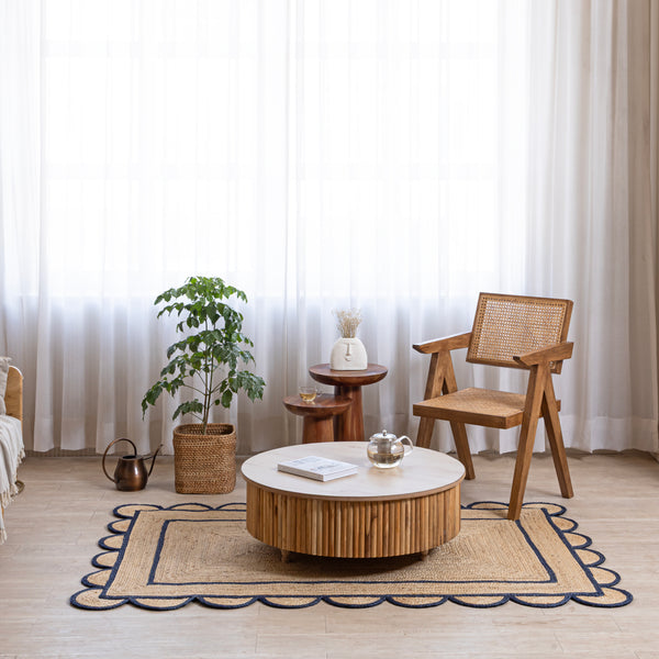 Handwoven Jute Runner Rug with White Scalloped Border – Boho Kitchen & Hallway