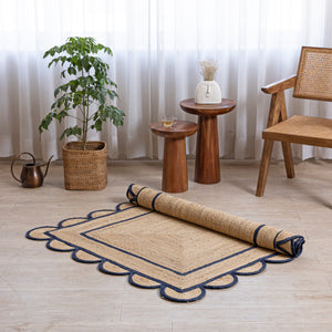 Handwoven Jute Runner Rug with White Scalloped Border – Boho Kitchen & Hallway