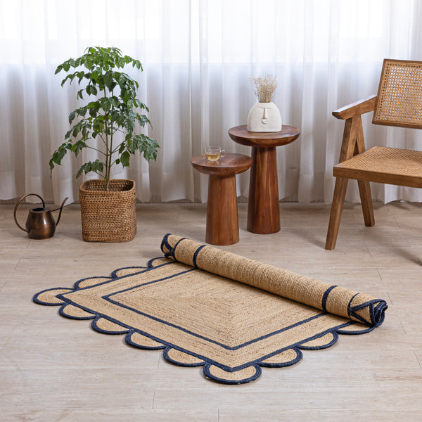 Handwoven Jute Runner Rug with White Scalloped Border – Boho Kitchen & Hallway