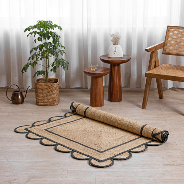 Handwoven Jute Runner Rug with White Scalloped Border – Boho Kitchen & Hallway