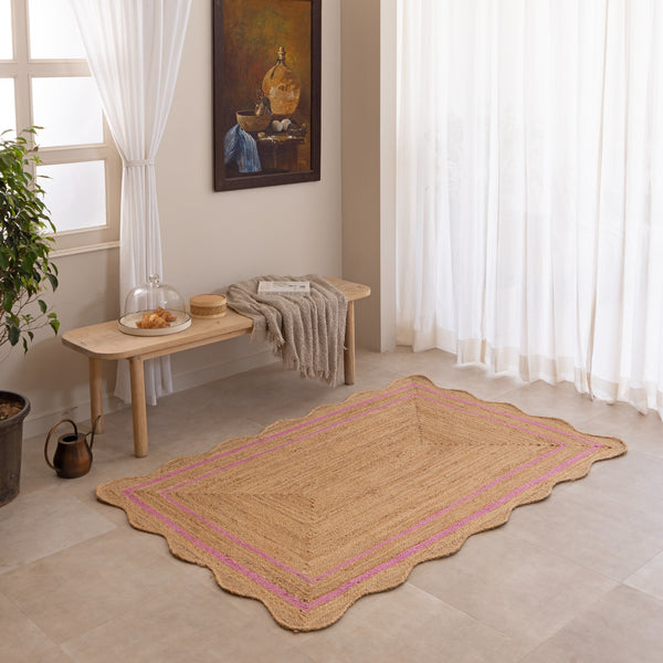 Handmade Scalloped Jute Rug with Pink  Border Natural Breaided Jute Area Rug