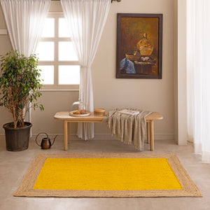 Handmade Yellow Jute Area Rug Braided Natural Fiber Rug Boho Yellow Jute Floor Mat