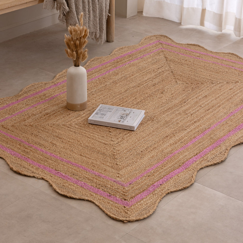 Handmade Scalloped Jute Rug with Pink  Border Natural Breaided Jute Area Rug