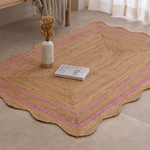 Handmade Scalloped Jute Rug with Pink  Border Natural Breaided Jute Area Rug