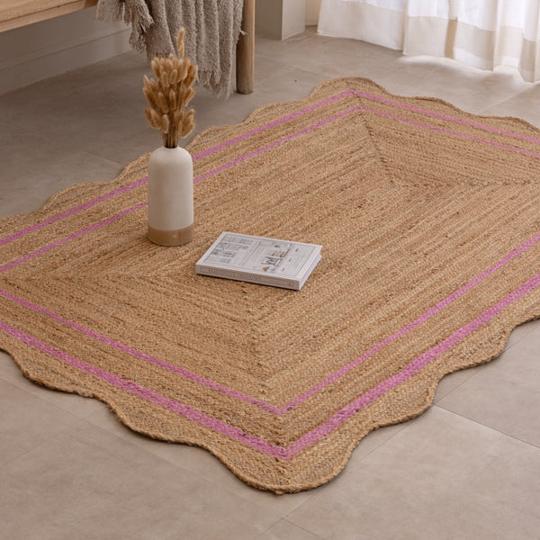 Handmade Scalloped Jute Rug with Pink  Border Natural Breaided Jute Area Rug