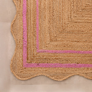 Handmade Scalloped Jute Rug with Pink  Border Natural Breaided Jute Area Rug